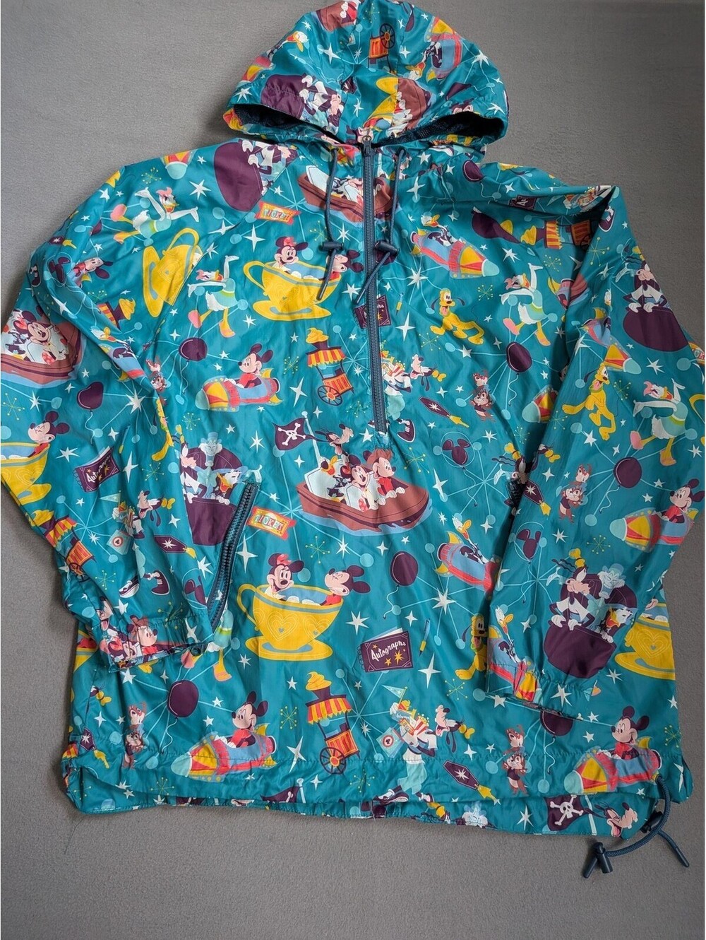 Disney Jacket Mens L Multicolor Mickey Mouse Hooded 1/4 Zip Windbreaker Print
